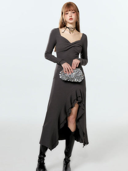 Kleid Lang Rüschen Asymmetrisch Schlitz Mode