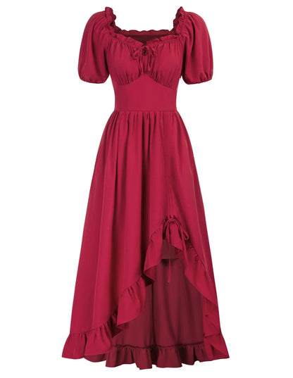 Medieval Court Short Sleeve Square Neck Dress – Irregular Hem Stage Gown