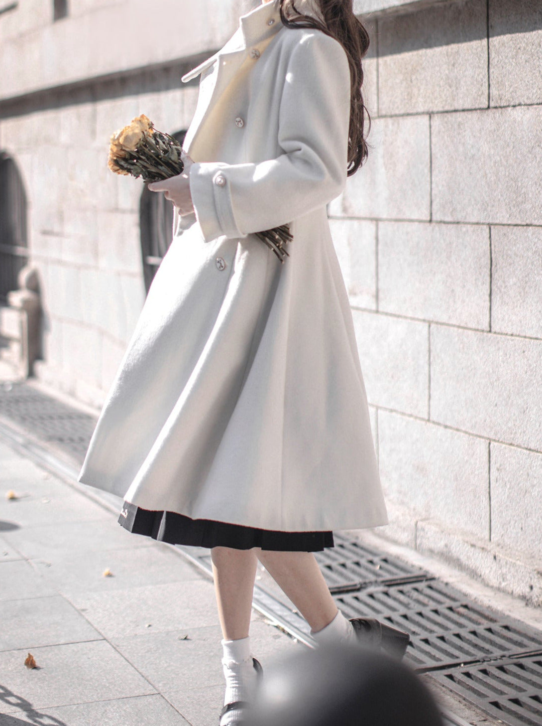 エレガントなスタンドリボンダブルレトロコート ウールブレストカラー