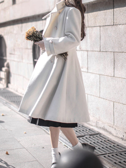 エレガントなスタンドリボンダブルレトロコート ウールブレストカラー