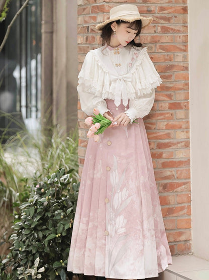 Bluse Plissee Schal Band Rock China + Süße Spitze Blumen