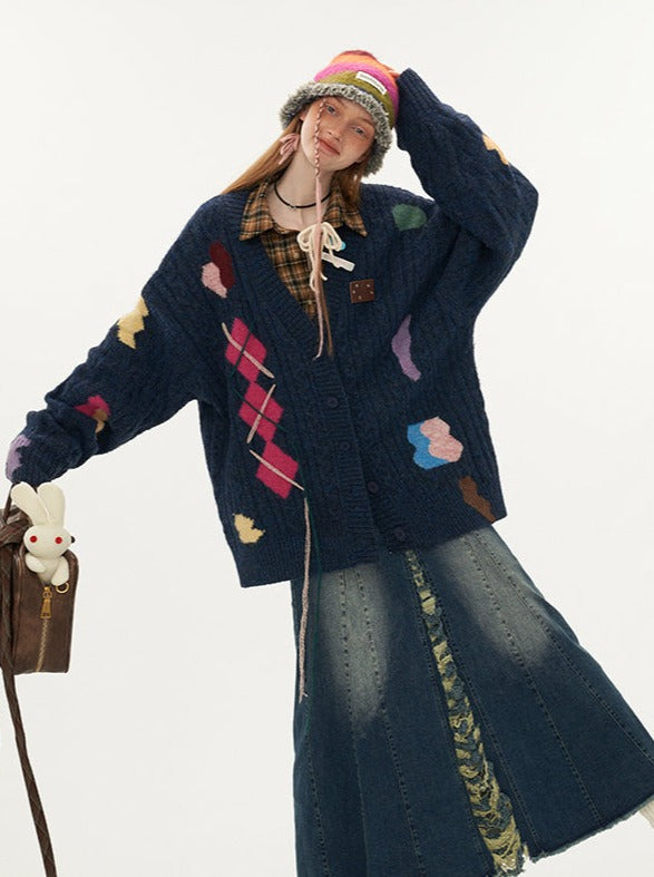 アシンメトリーニットオーバーデザインカーディガンレトロカラフル