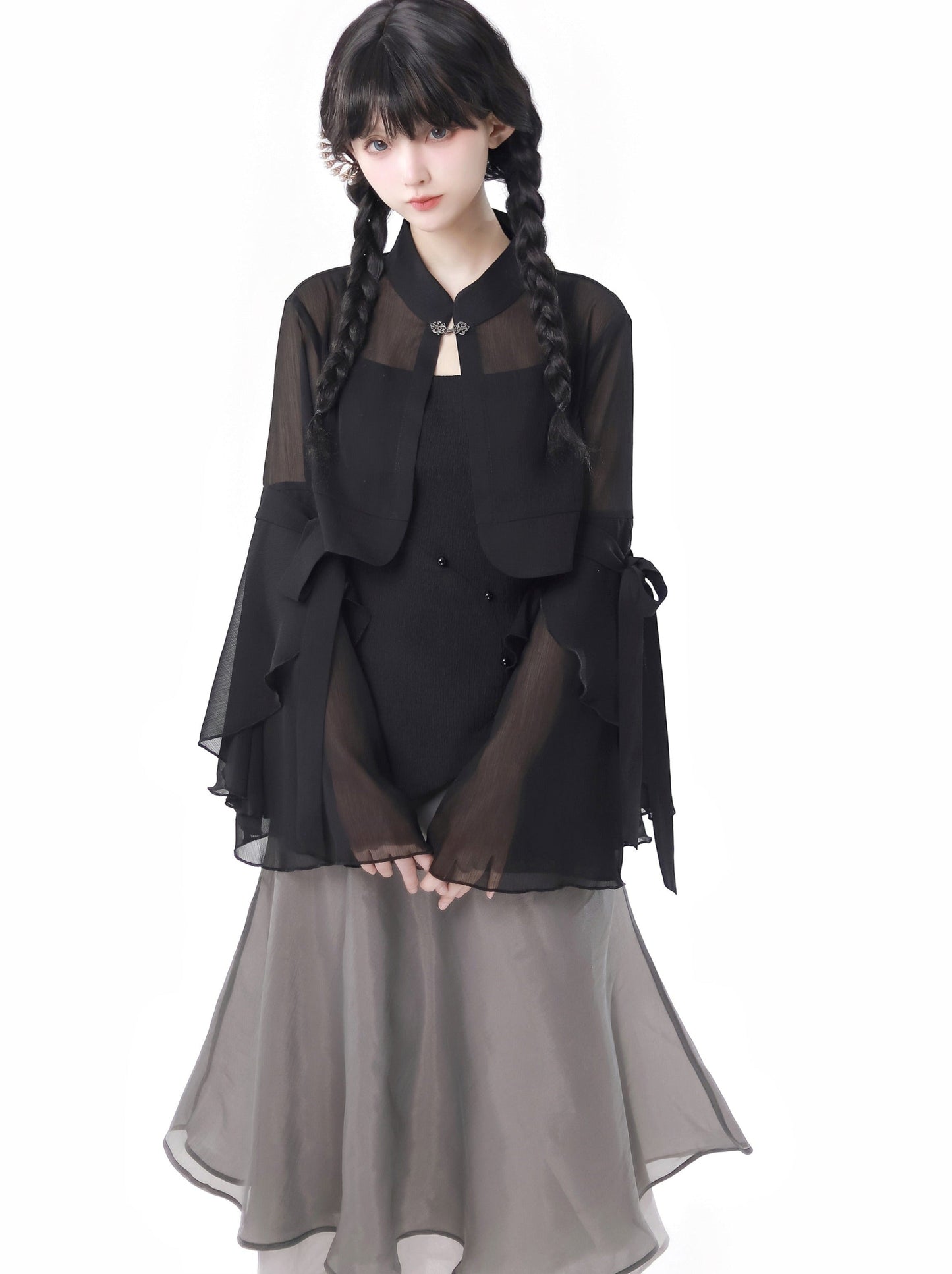 シャツトップドレス カリグラフィー シフォンサスペンダー シフォンスカート