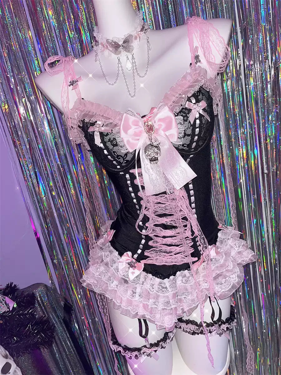 Y2K Sweet Lace Bow Skull Tank Top Set with Leg Rings