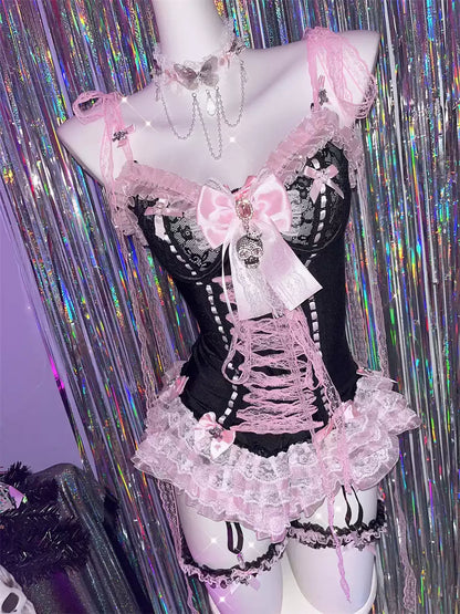 Y2K Sweet Lace Bow Skull Tank Top Set with Leg Rings