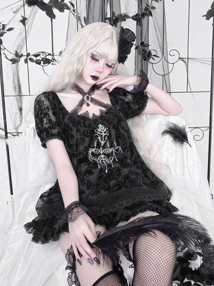 Dunkle Ärmel Puff Top Gothic Stickerei Spitze