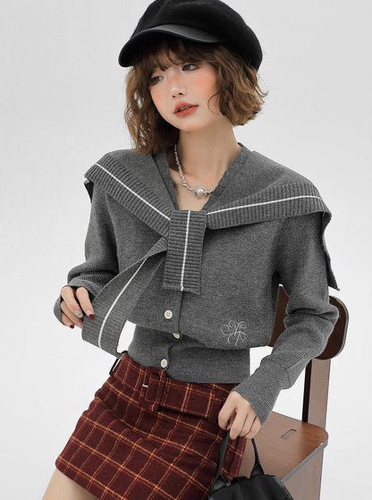 Jacket Retro College Cardigan Knit Sailor Collar Shawl Style
