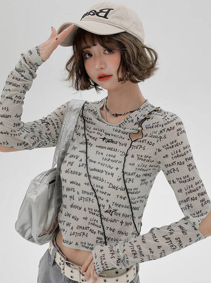 Ärmel Split Kurz Print Slim Top Buchstabe