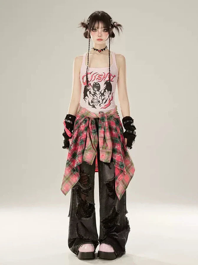 ローズレッドチェックグラデーションシャツ