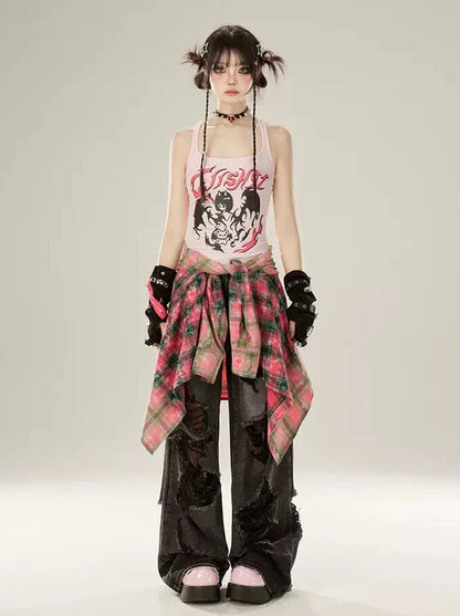 ローズレッドチェックグラデーションシャツ