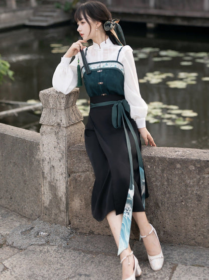 China Hosenträger Bluse Grün Dunkel + Rock + Schal