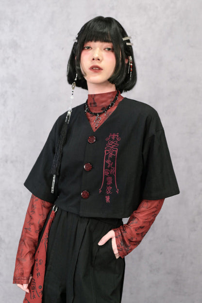 Black China Short V-Neck Top