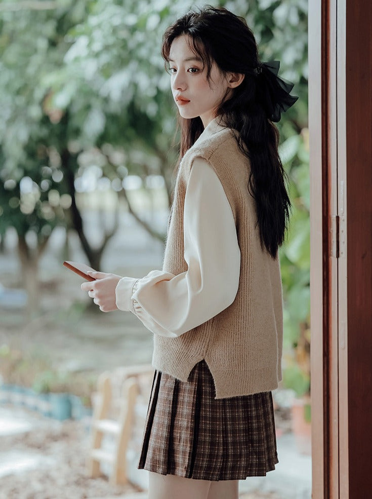Vest College Skirt Colored Checked Knit Retro Shirt