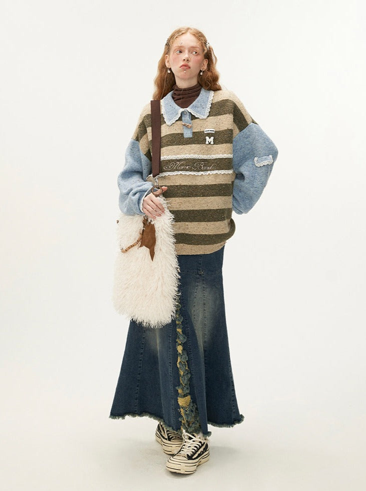 Polo Striped Sweater Retro Lace Pullover