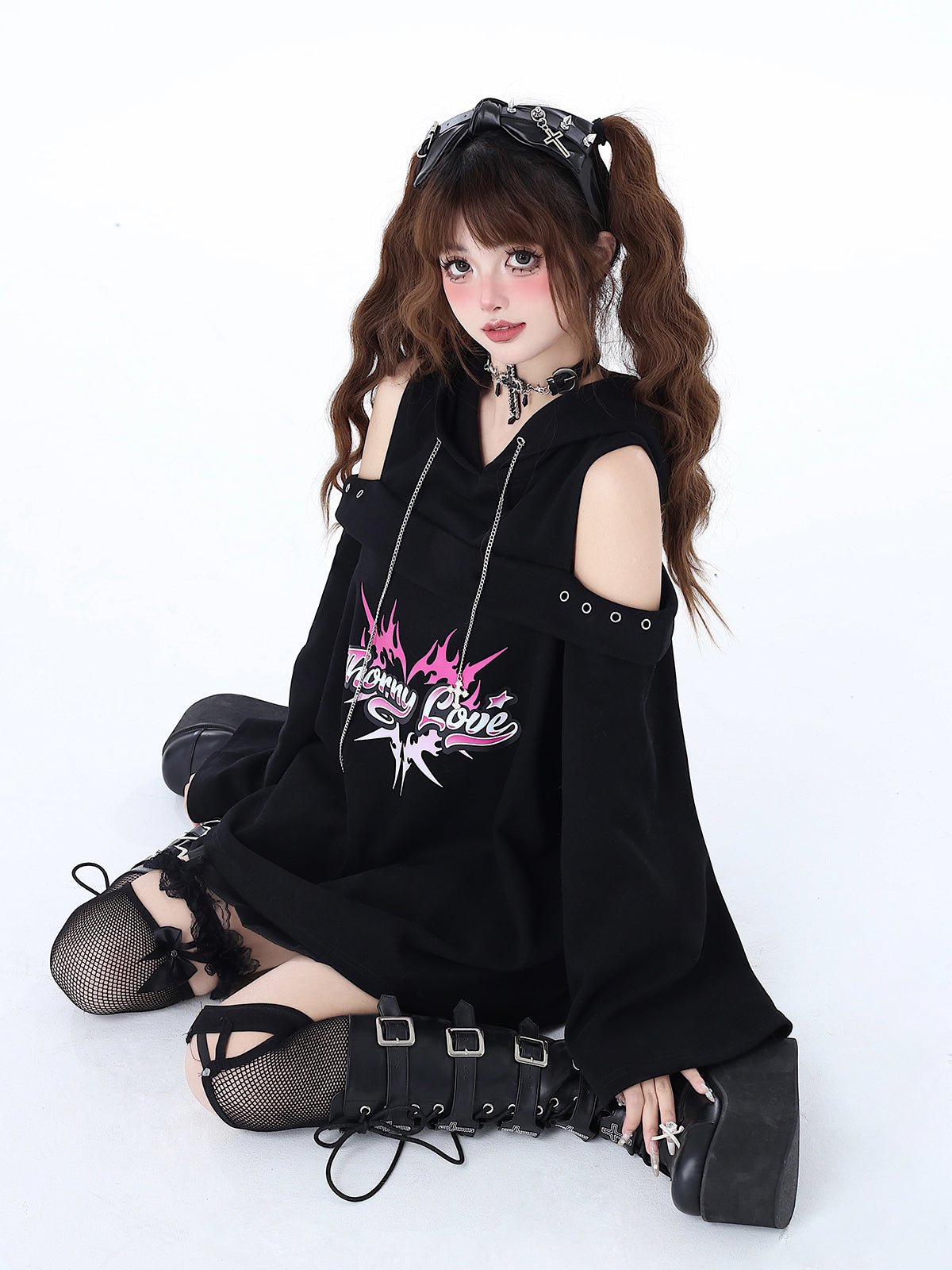 Kapuzen-Subkultur-undichtes Oberteil, Rock-Punk-Frühlings-Schulterkette, Original-Sweatshirt, dunkel