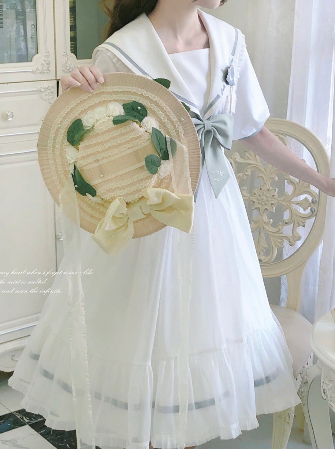 Tie Collar Puff + Sleeve Sailor Haori Tulle Dress Ribbon + Badge Overskirt