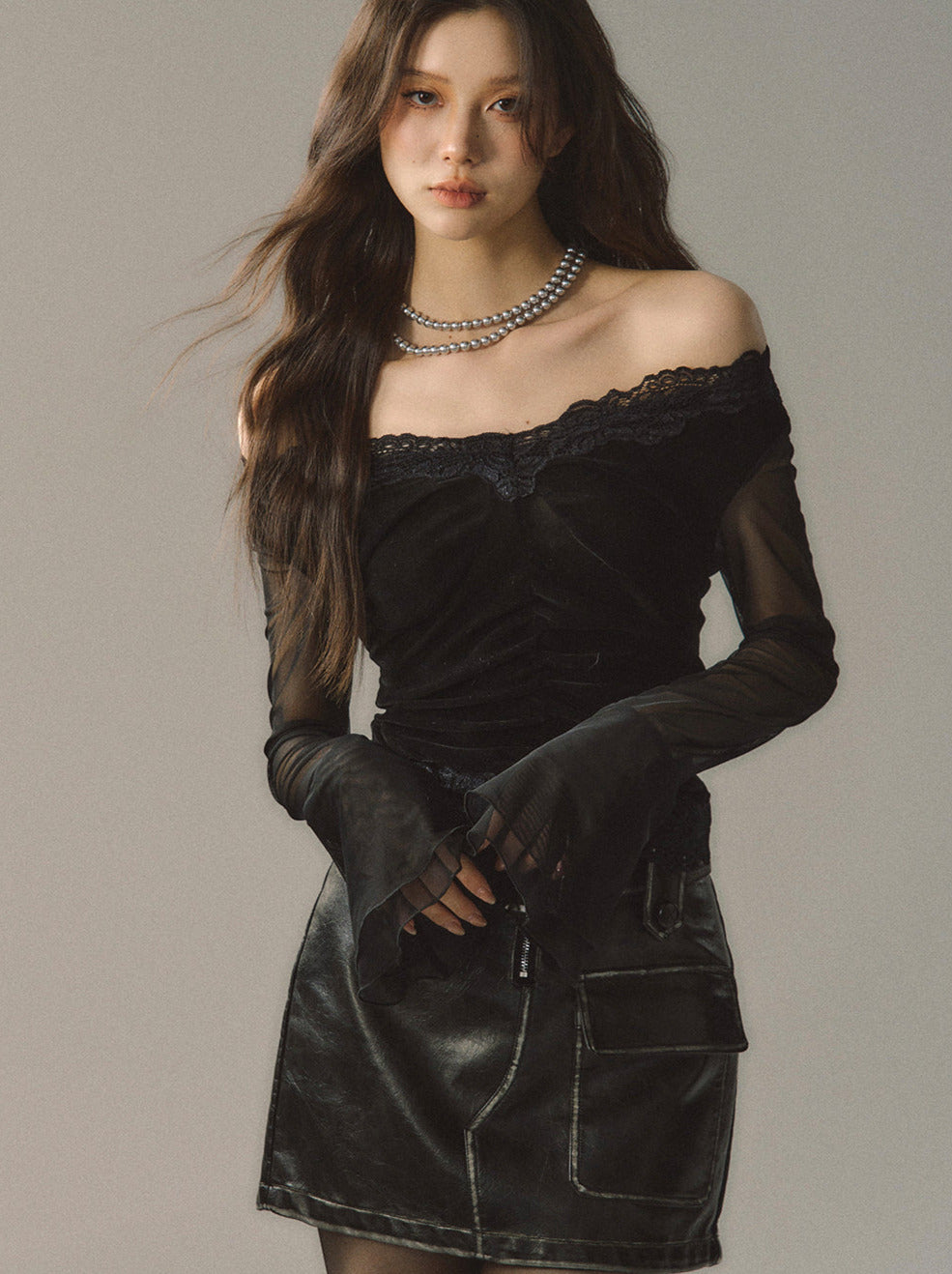 Lace Edge V Neck Sheer Bell Sleeve Black Slim Shirt