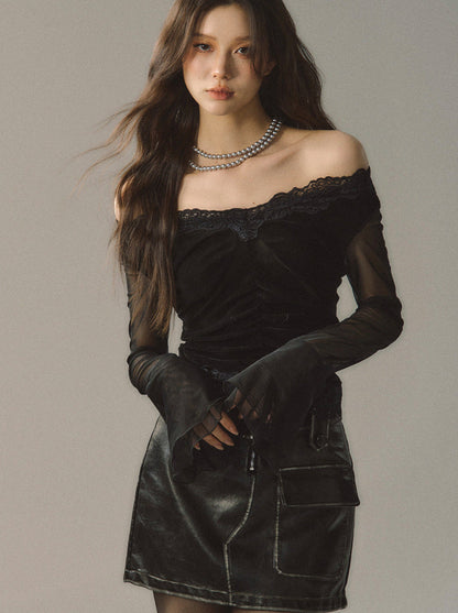 Lace Edge V Neck Sheer Bell Sleeve Black Slim Shirt