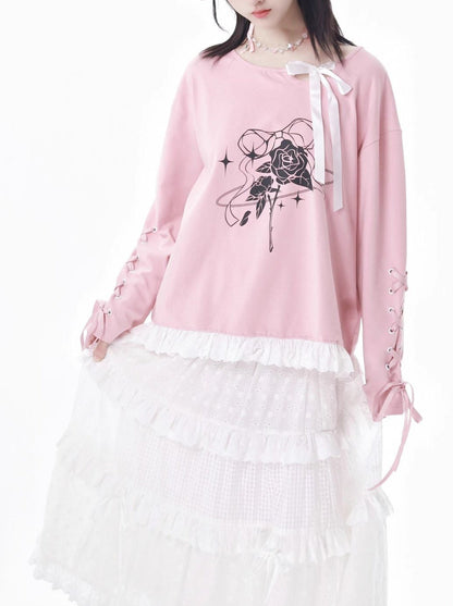 レーストップ、ホワイト、ガーリーフラワースカートセットデザイン、ピンク