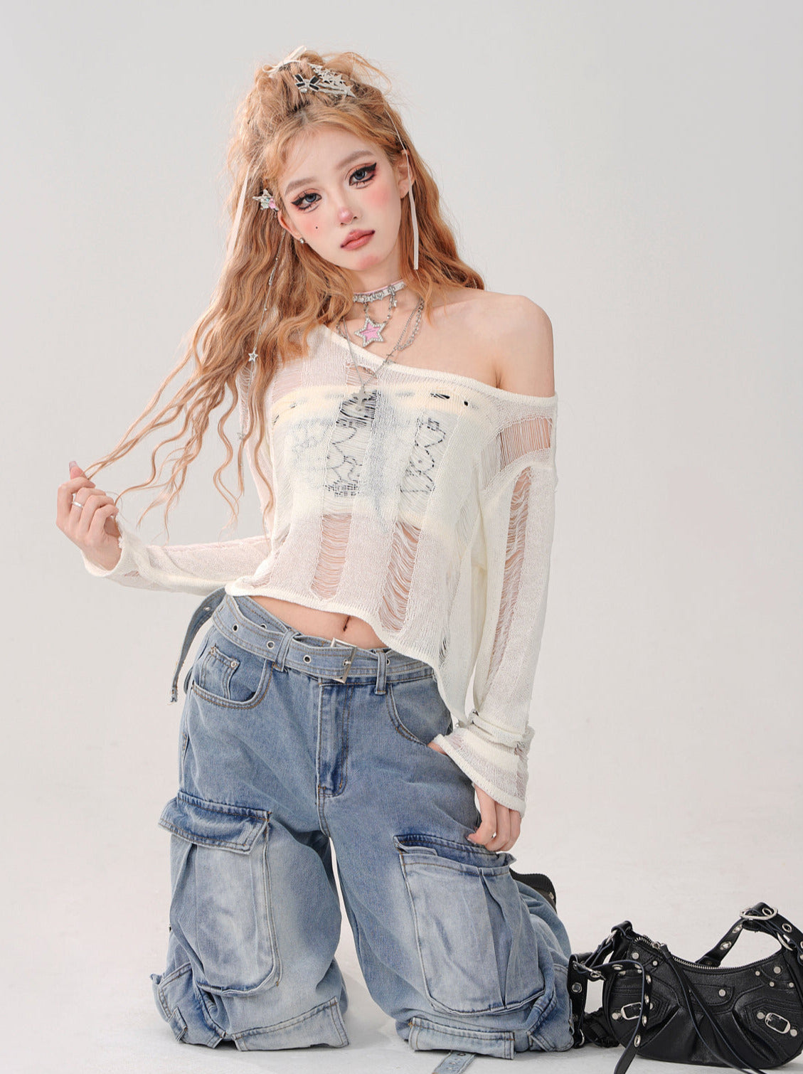 Kurzes Top zerrissen + gestrickt Off-Shoulder Schnürtop Rückenschlauch