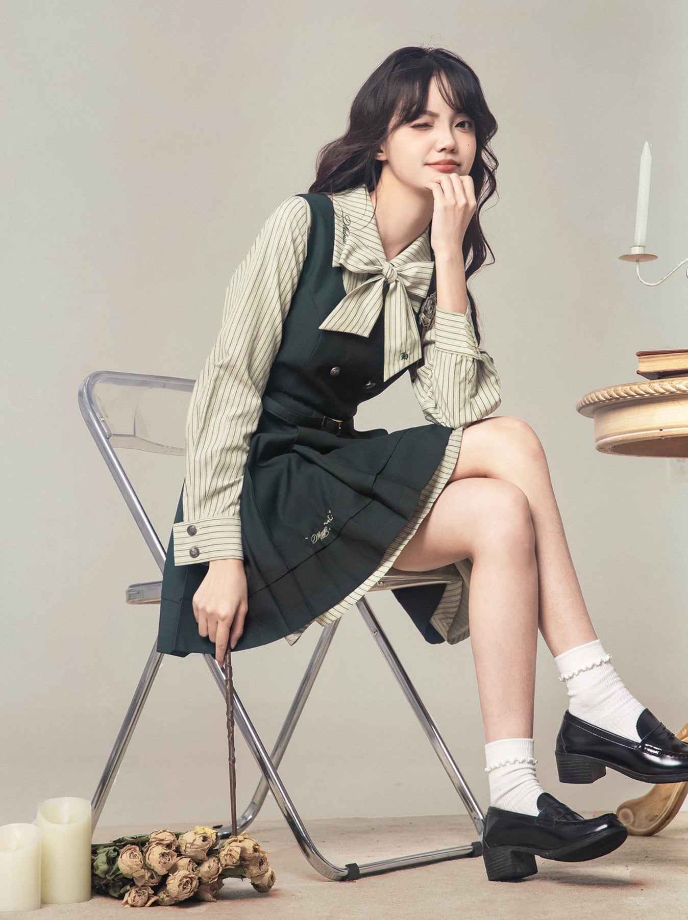 ストライプバッジシャツベストドレス+ナイト+ドレス刺繍マジックスーツ