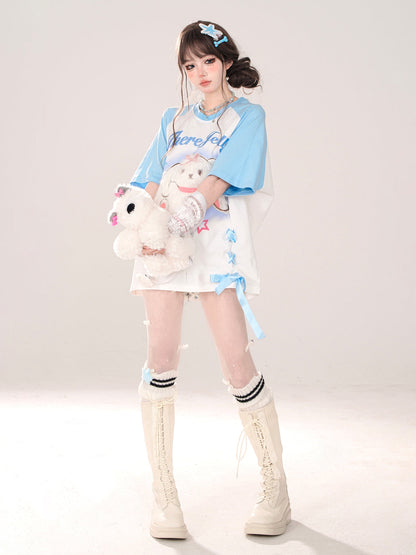 Raglan New T-Shirt Pink Blue Loose Rabbit and Design