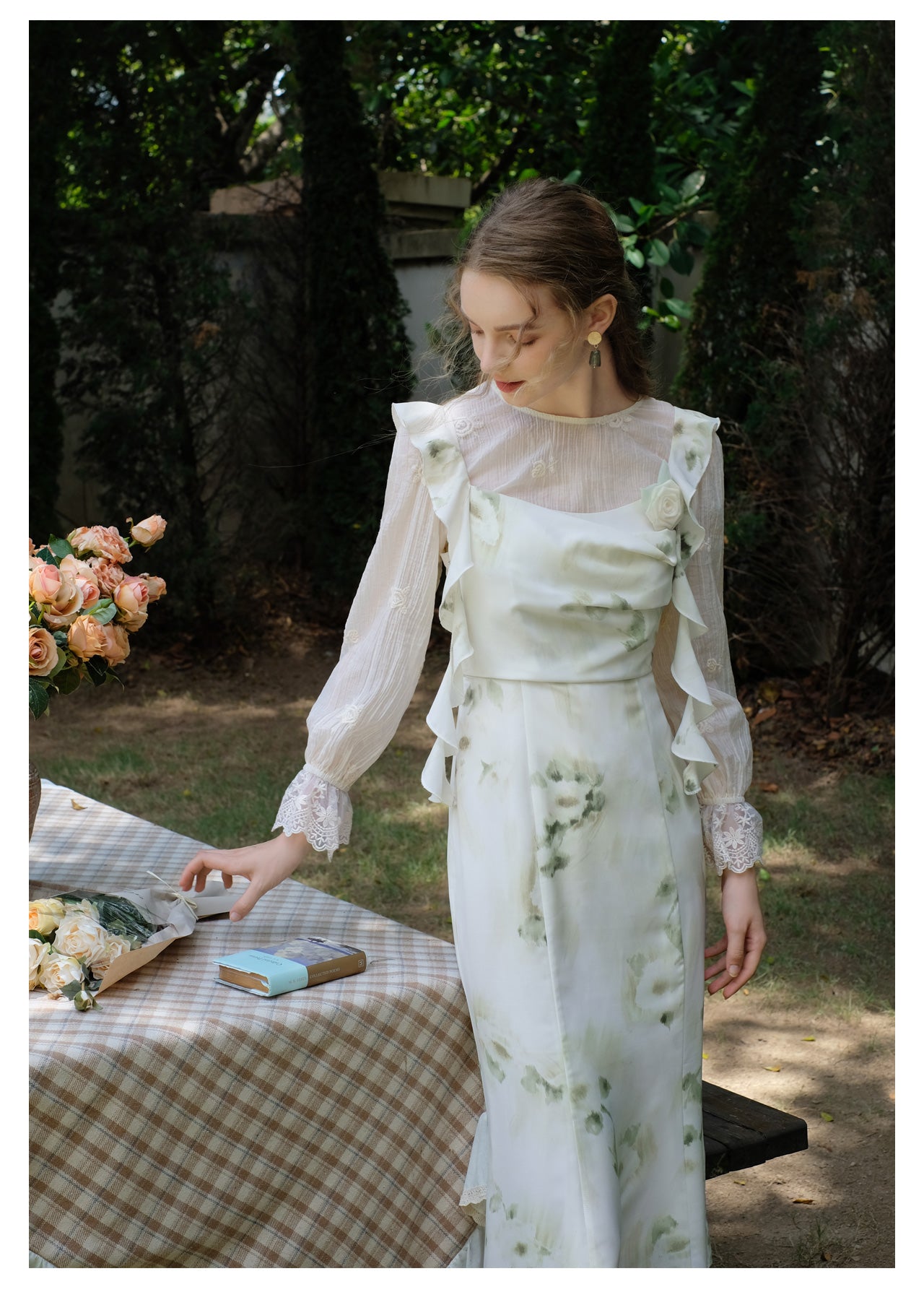 スカートトップ グリーン キャミソール フラワー シアー + シフォン