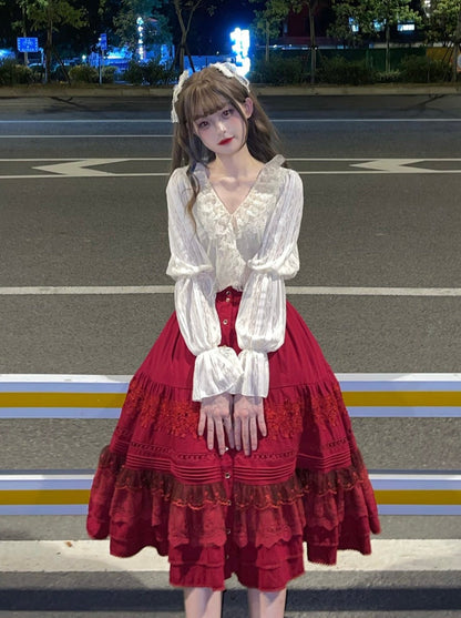 レース無地コットンカラーロリータシャツ