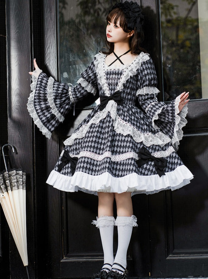 大きなチェックのロリータリボンドレス