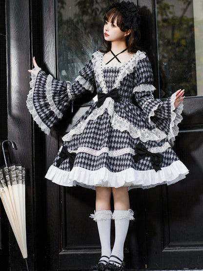 大きなチェックのロリータリボンドレス