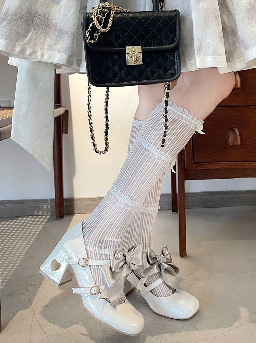 High Ribbon Heart Heel Shoes Ribbon Open Lolita Jewel