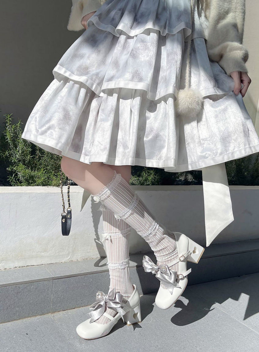 High Ribbon Heart Heel Shoes Ribbon Open Lolita Jewel