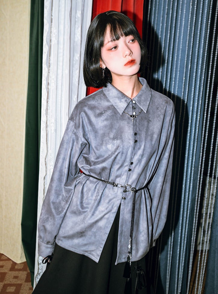 プリントスエードチャイナドラゴンシャツレトロ