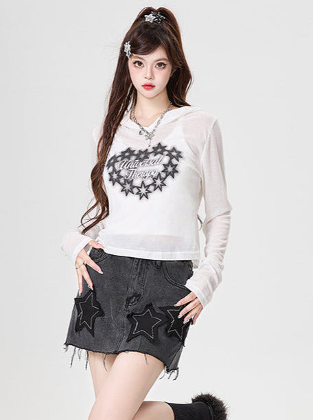 Hoodie Langes Print Top T Star Sheer