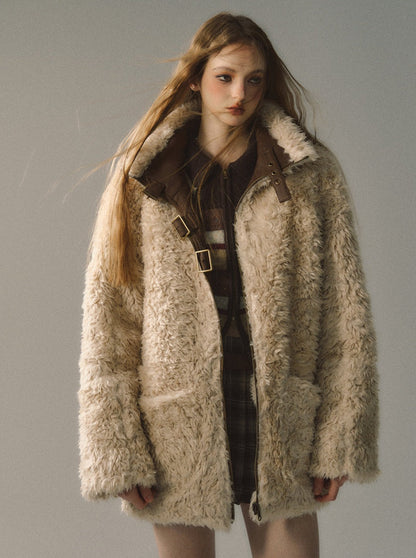 Reversible Fur Leather Coat + Ruffle Off-Shoulder Dress