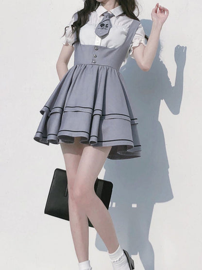 Shirt Beere Lange Wilde Ärmel + Puff Shirt Ärmel Kuchen Krawatte Rock Set Hosenträger Tutu