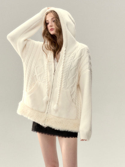 Kapuzenpullover mit Zopfmuster und Reißverschluss