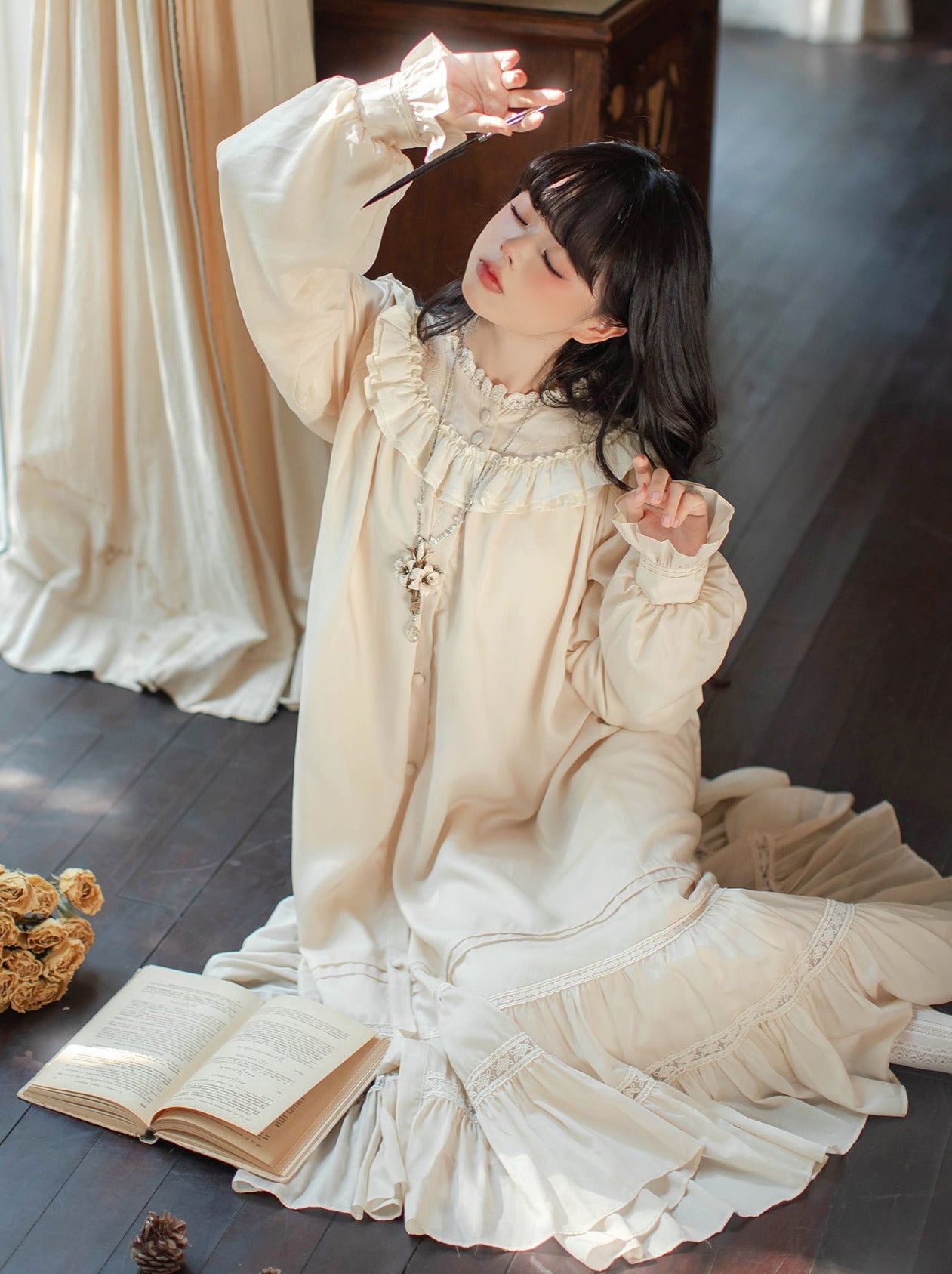 Retro Tencel Dress Lace French Freesia Elegant