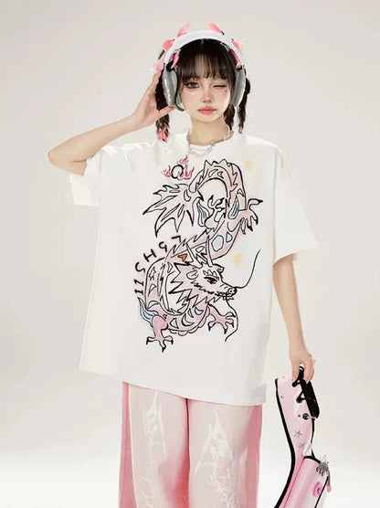 Original Loose T-Shirt Dragon White Print