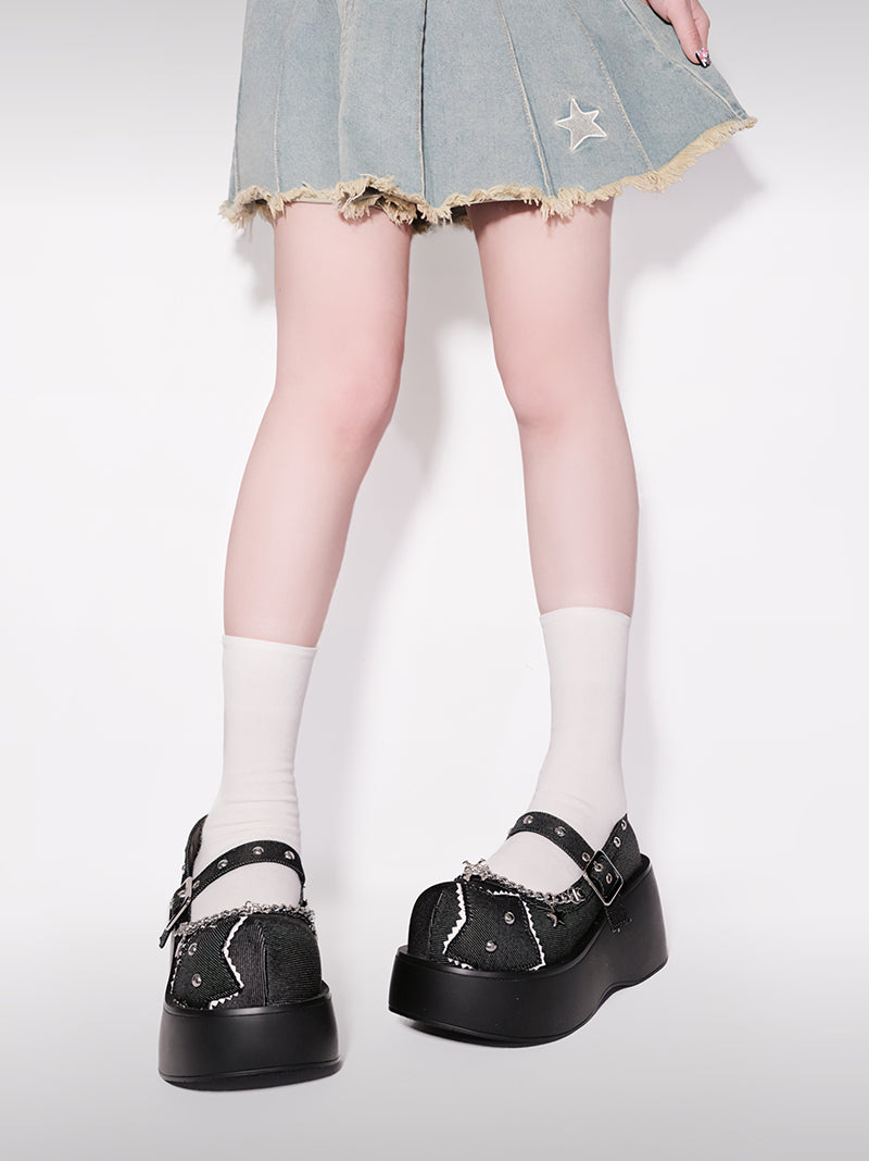 Schnalle Star Toe Platform Denim One Punk Runde Schuhe