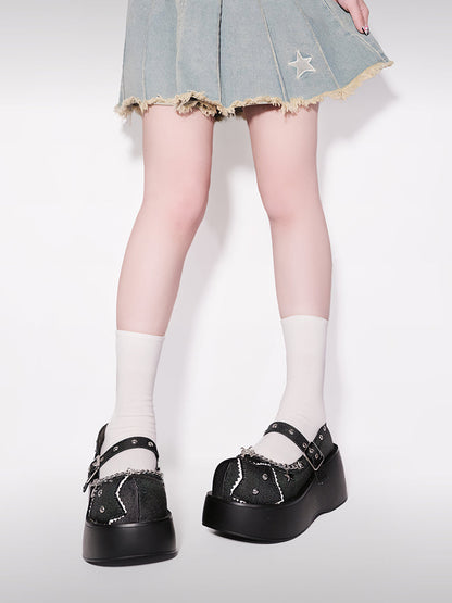 Schnalle Star Toe Platform Denim One Punk Runde Schuhe