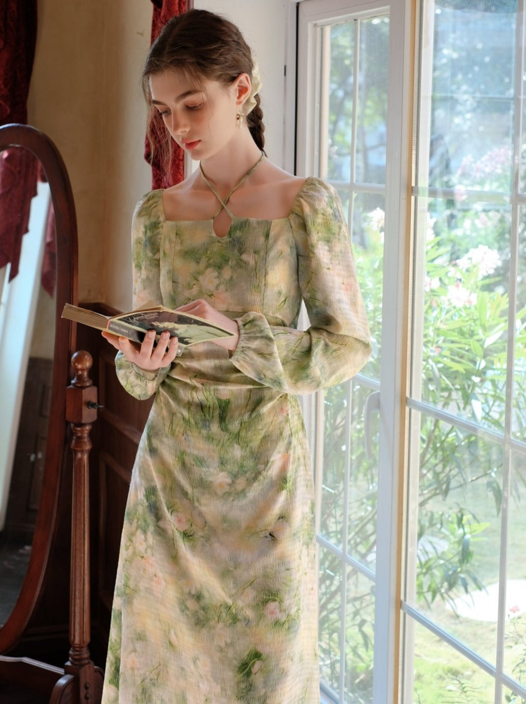 Elegant Neck Green Square Retro Dress