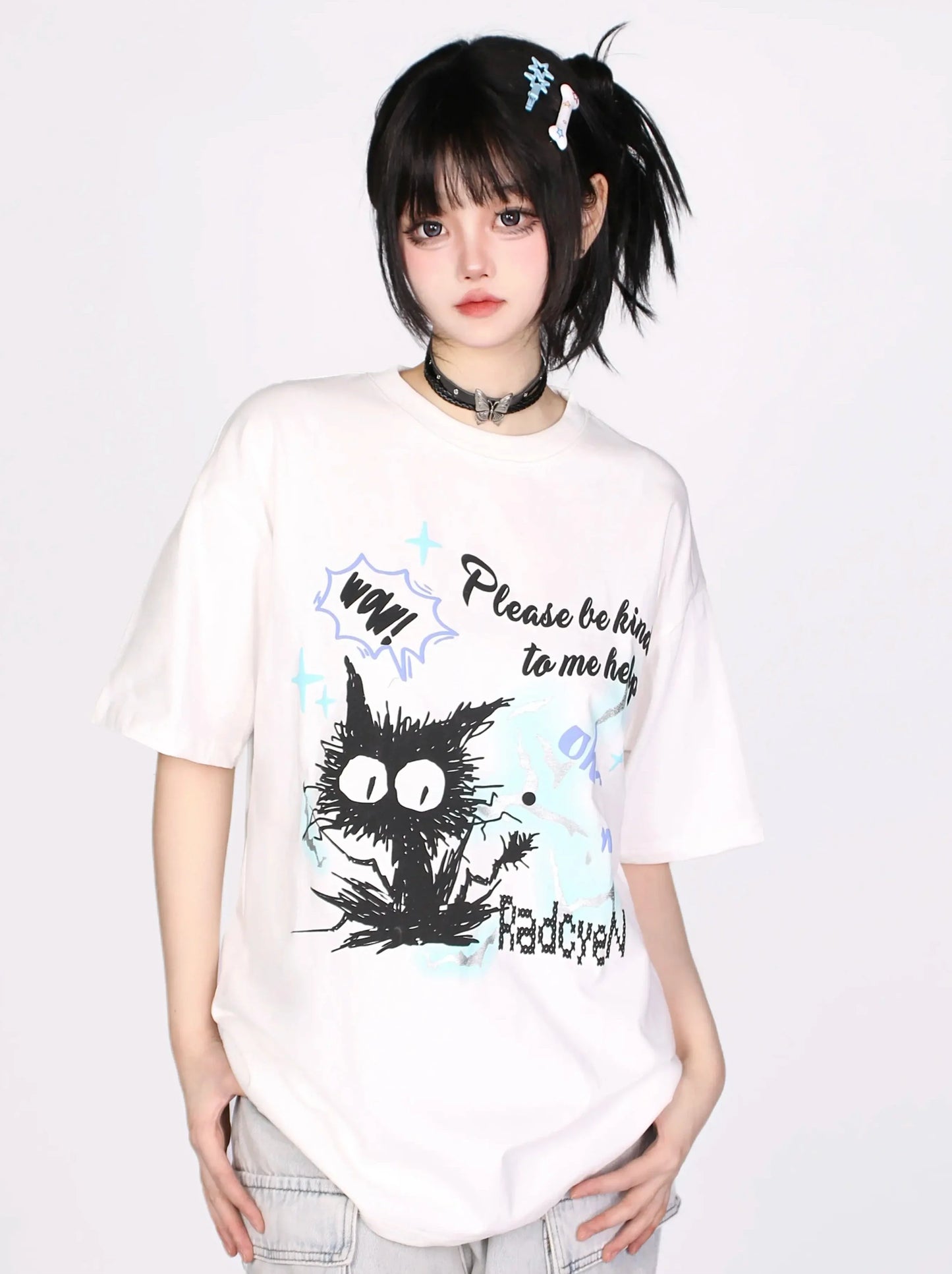 Cat T-Shirt Print Contrast Color Cartoon