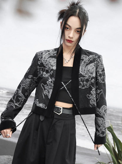 Taillenspleißen Retro High Loose Top Zweireihiger Drachen-Jacquard