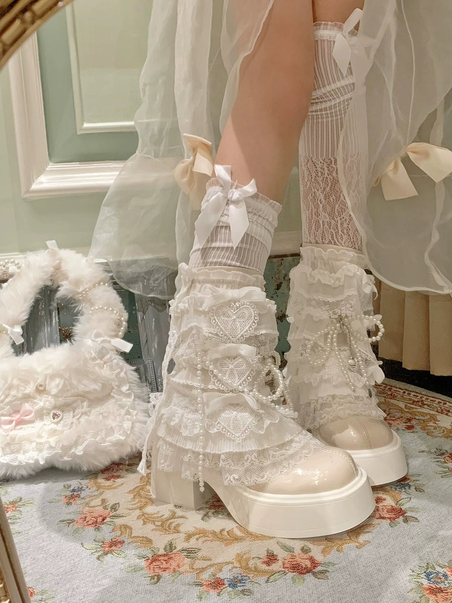 35-39 Retro Pearl Lace Platform Heel Ankle Boots