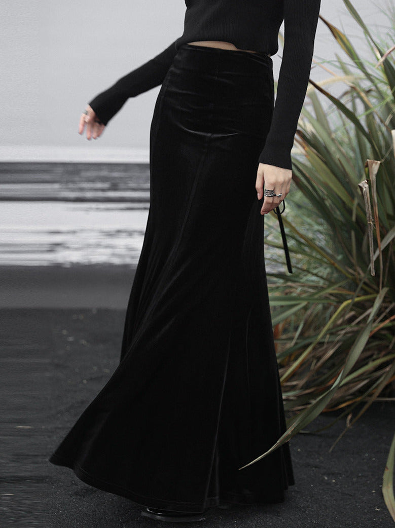Hohe Meerjungfrau Samt Schwarz Taille Rock Retro Zurück Lange Up Spitze