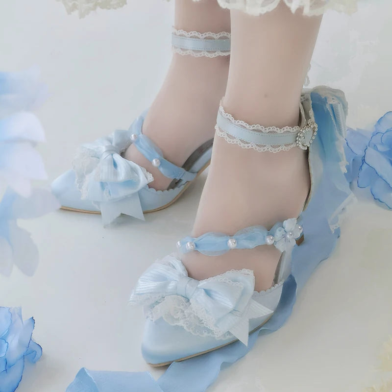 Sky Blue Spring Sakura heels with satin bows