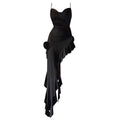 Black Rose Ruffle Spaghetti Strap Dress - French Asymmetric Maxi (S-XL)