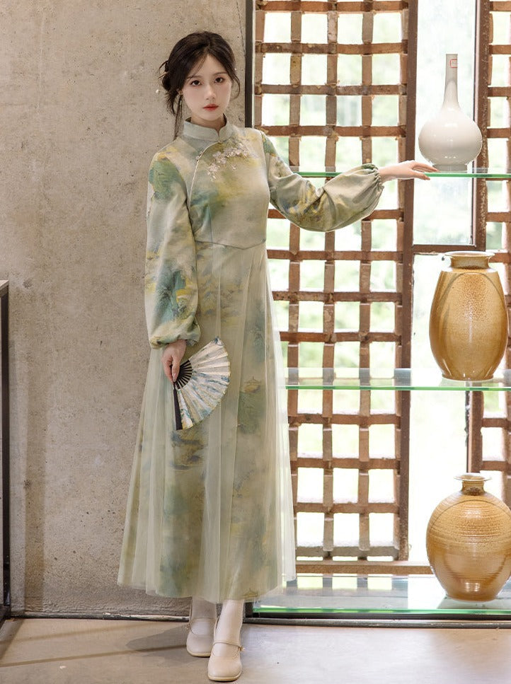 Neck Marbled Green Dress China Half