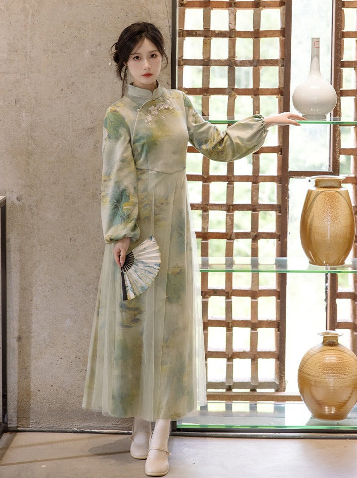 Robe verte marbrée à col chinois